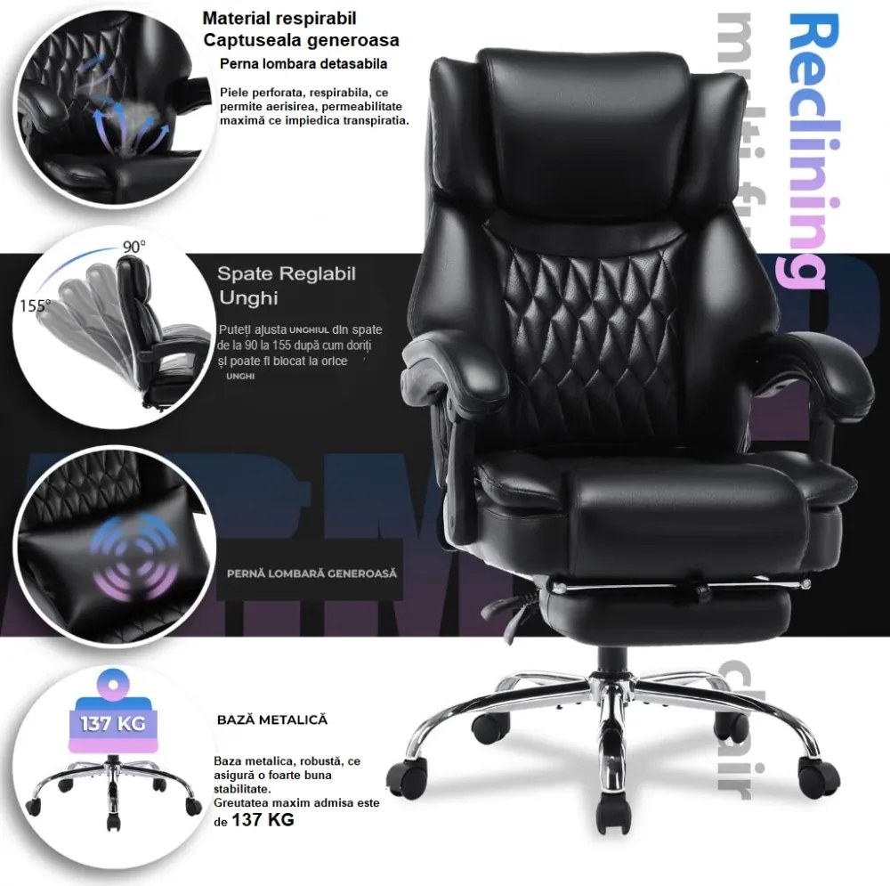 Scaun directorial, spatar inalt, suport pentru picioare, perna lombara detasabila, spatar rabatabil, captuseala groasa respirabila, sustinere extra, piele PU Premium, Negru