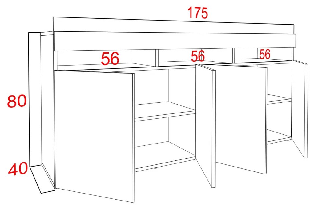 Comoda moderna cu 4 usi, usile alb lucios alb mat, 175x80x40cm, fara led, pentru living, hol, dormitor, birou, Bortis Impex