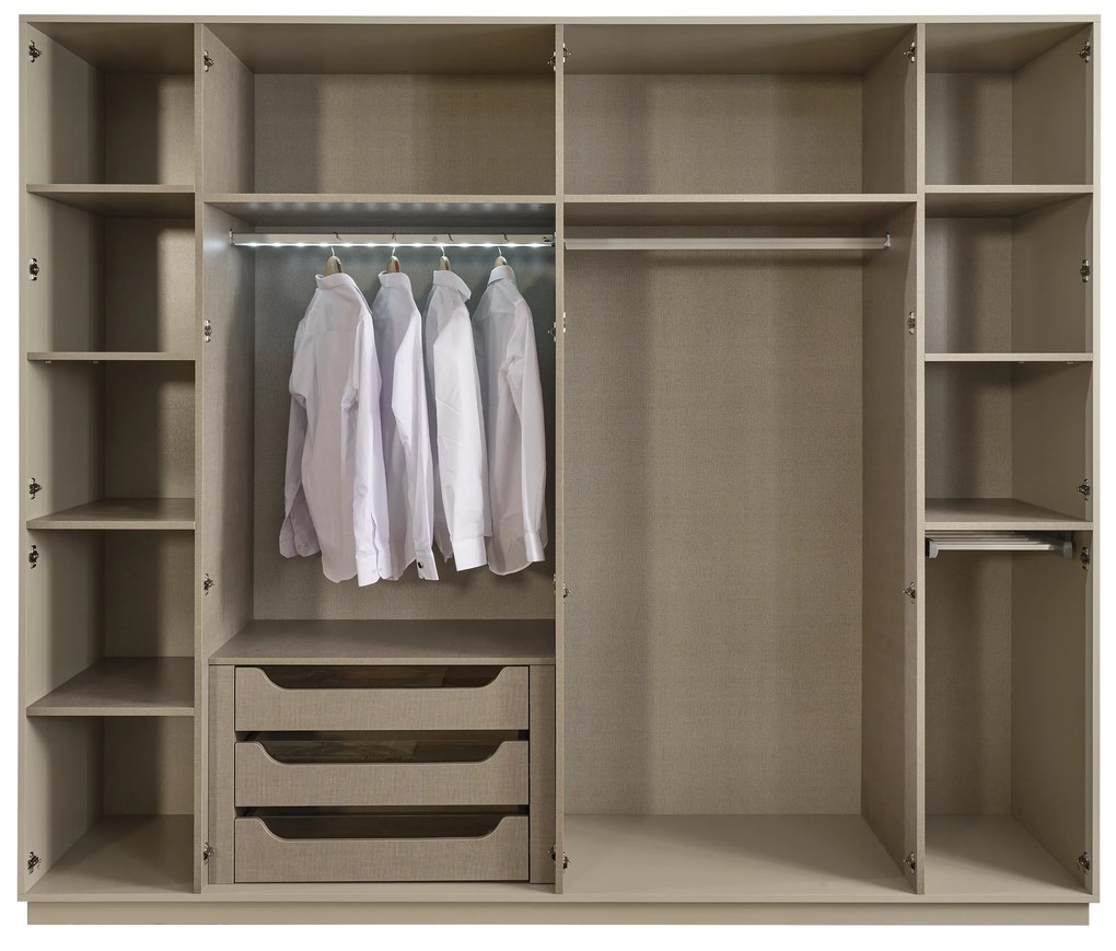 Set dormitor cu pat, noptiere, dulap, comoda din mdf crem si picioare metalice - riva