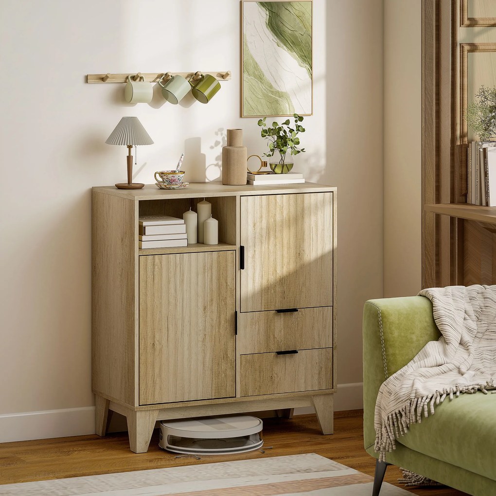 HOMCOM Bufet living, mobilier de depozitare, 2 uși, 2 sertare, raft reglabil, compartiment deschis, 80x40x90cm, lemn natural | Aosom Romania