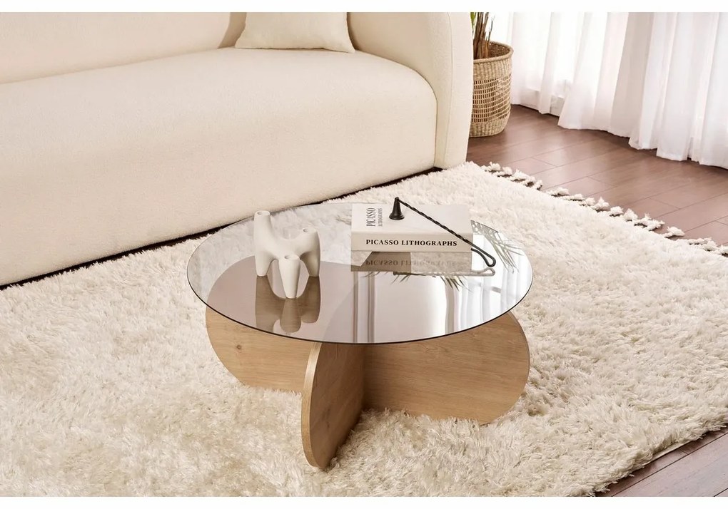 Măsuță de cafea Aeris Sapphire Oak cu sticlăfumurie