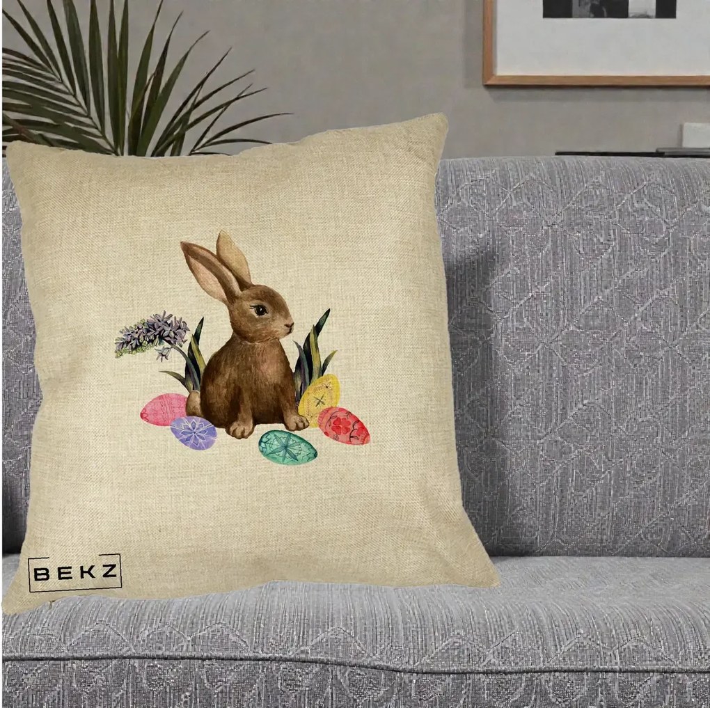 Perna Decorativa Iepuras cu Oua de Pasti Acuarela, 40x40 cm, Crem, Husa Detasabila, Perna Inclusa, BEKZ®