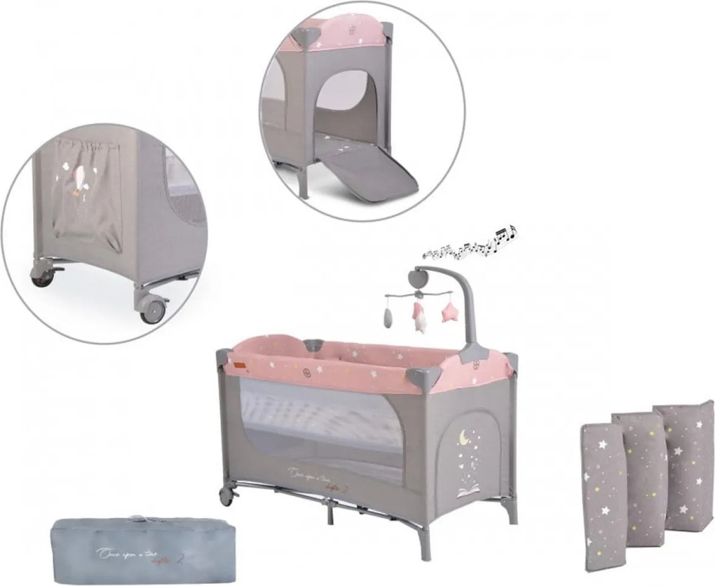 Patut pliant transformabil in tarc copii NOVOKIDS™ Onceuponatime NEST, 62X125 cm, 2 Niveluri, Jucarie Carusel muzical, Fermoar acces lateral, Roz cu