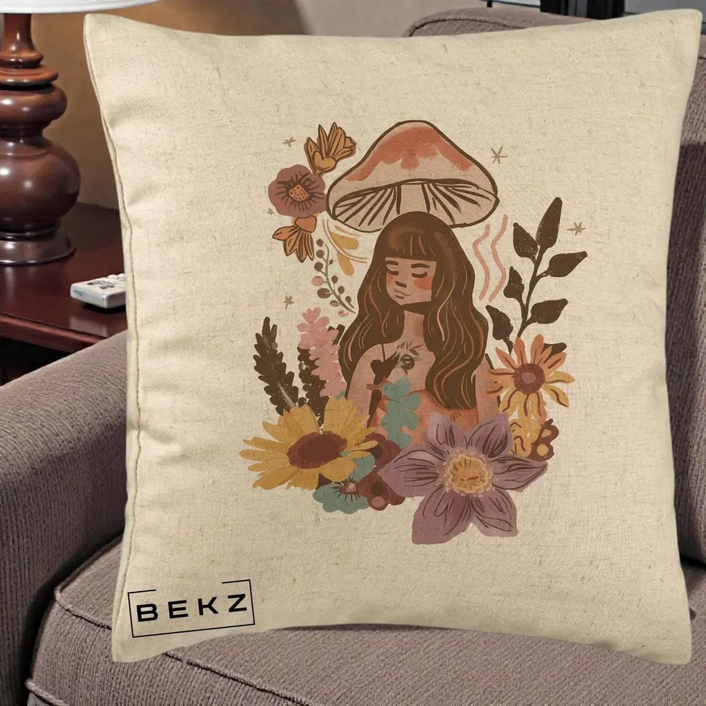 Perna Decorativa Fata Ciuperca Boho Florala, 40x40 cm, Bej, Husa Detasabila, Perna Inclusa, BEKZ®