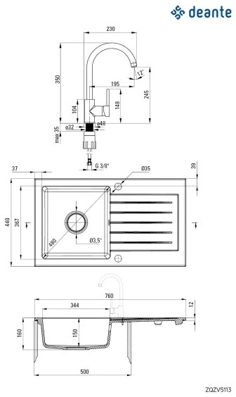 Chiuvetă de bucătărie Deante ZQZVA113 ZORBA 76x44 cm + baterie de chiuvetă granit/alabastru