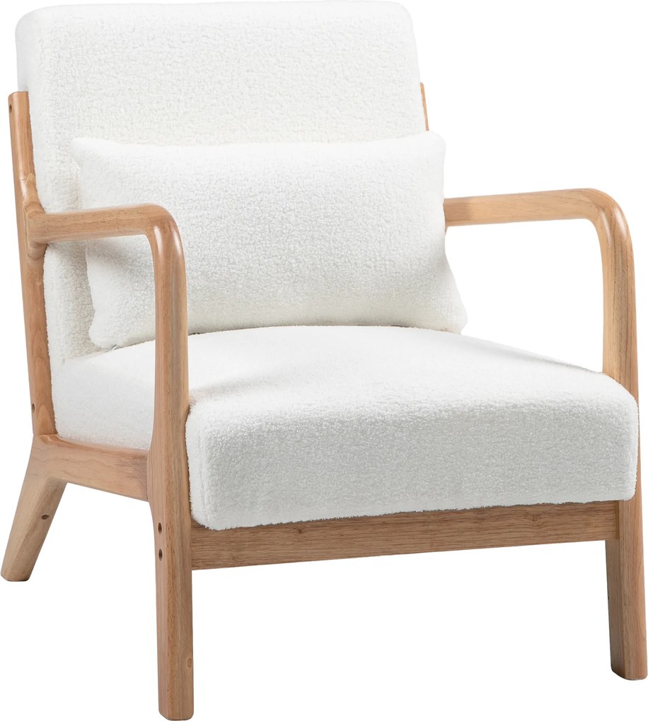 HOMCOM Fotoliu lounge, 3 perne incluse, adâncime șezut, brațe, structură lemn hevea, aspect catifea crem | Aosom Romania