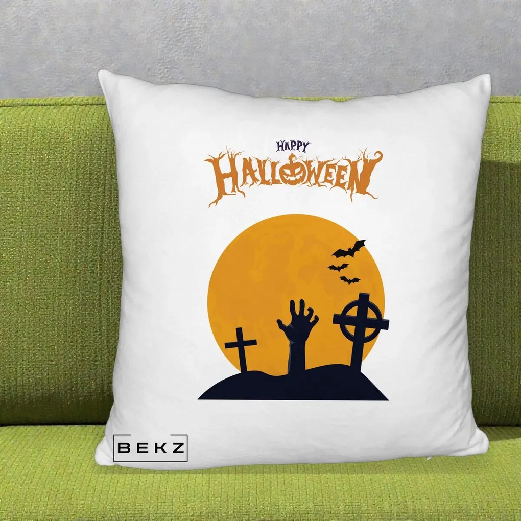 Perna Decorativa Happy Halloween Cimitir cu Luna, 40x40 cm, Alb Pufos, Husa Detasabila, Perna Inclusa, BEKZ®