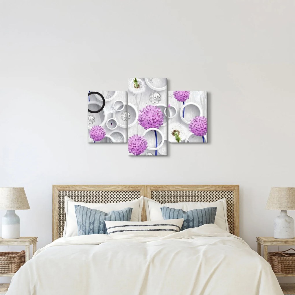 Tablou cu abstracție 3D cu cercuri și flori (90x60 cm)