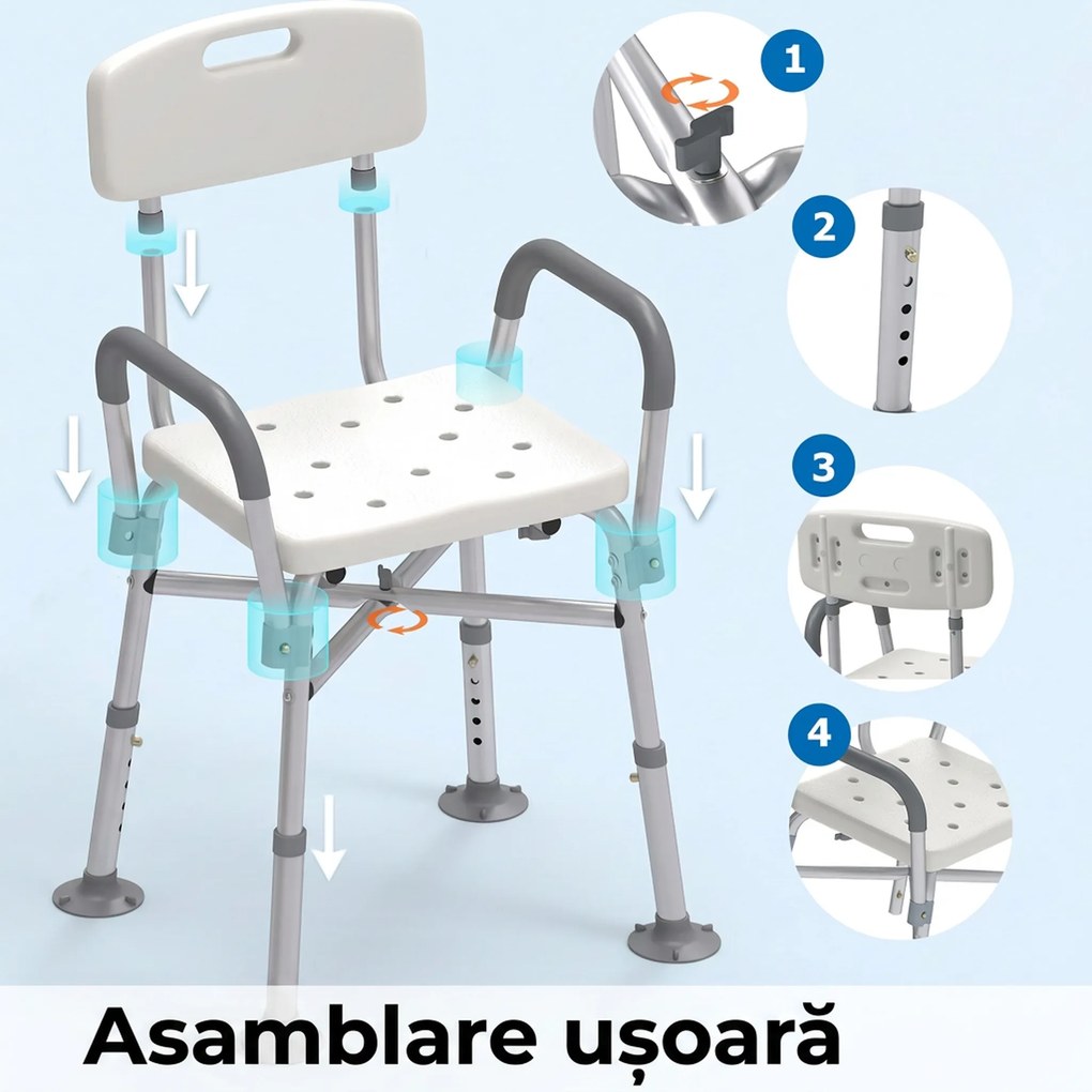 HOMCOM Scaun de Baie din Aluminiu Reglabil, cu Spătar și Brațe, Pernă Moale, Antialunecare, Alb | Aosom Romania
