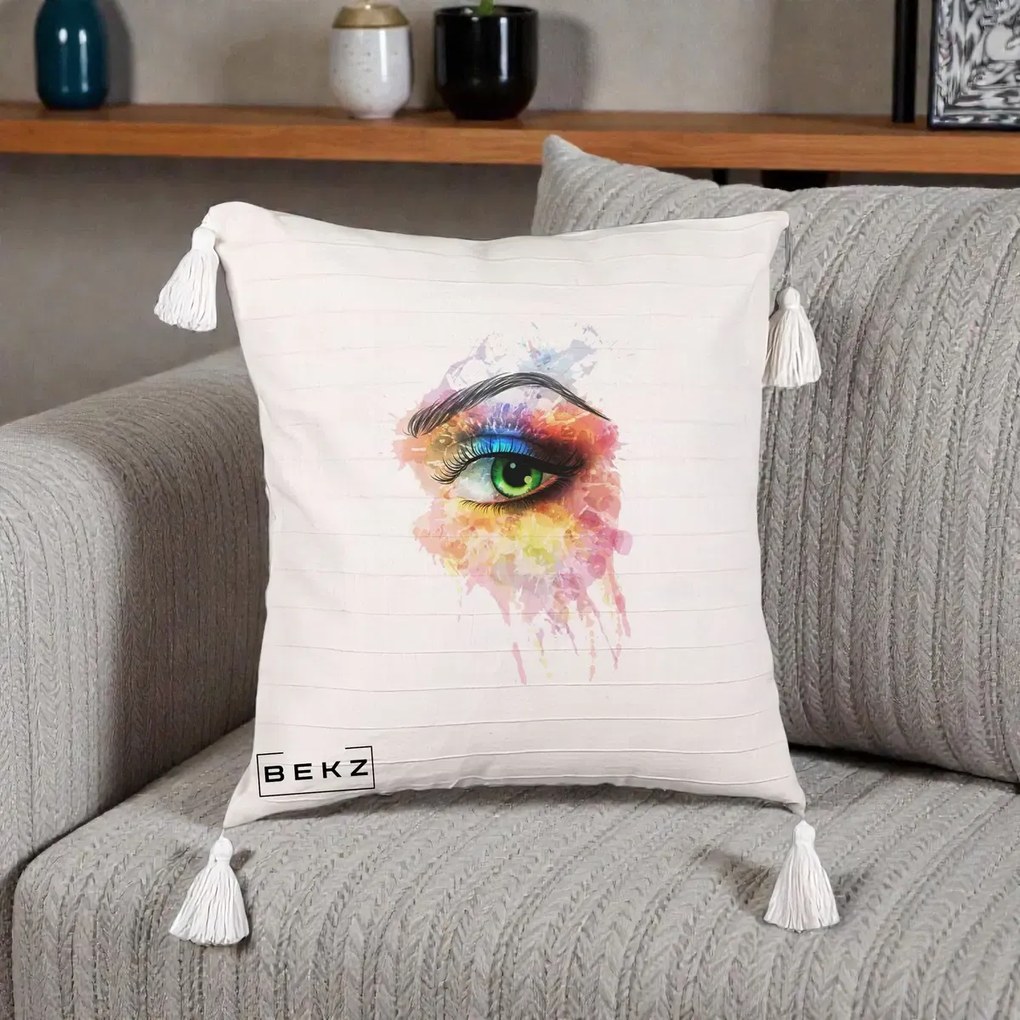 Perna Decorativa Ochi Verde Acuarela, 40x40 cm, Bej cu Franjuri, Husa Detasabila, Perna Inclusa, BEKZ®