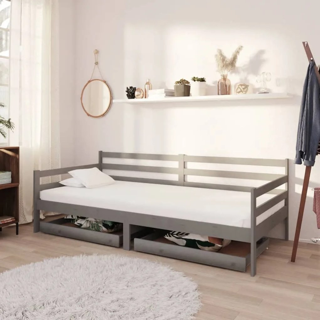 3083681 vidaXL Pat de zi cu sertare, gri, 90x200 cm, lemn masiv de pin