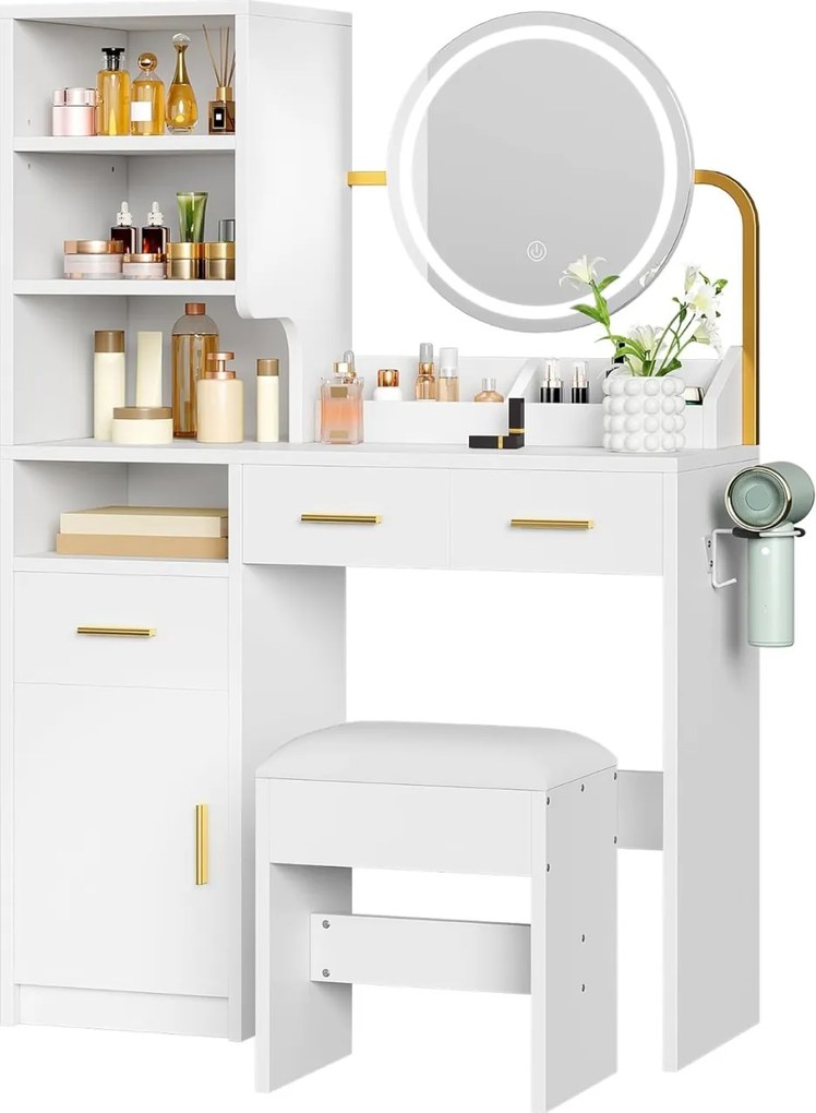 Masuta machiaj cu Oglinda LED si 3 Sertare pentru Cosmetice, Set Masa toaleta 80 cm, Alb, masuta cosmetica, vanity - SEA825