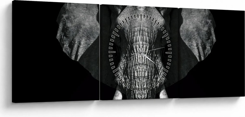 Tablou - Elefant pe fundal negru (cu ceas) (90x30 cm)