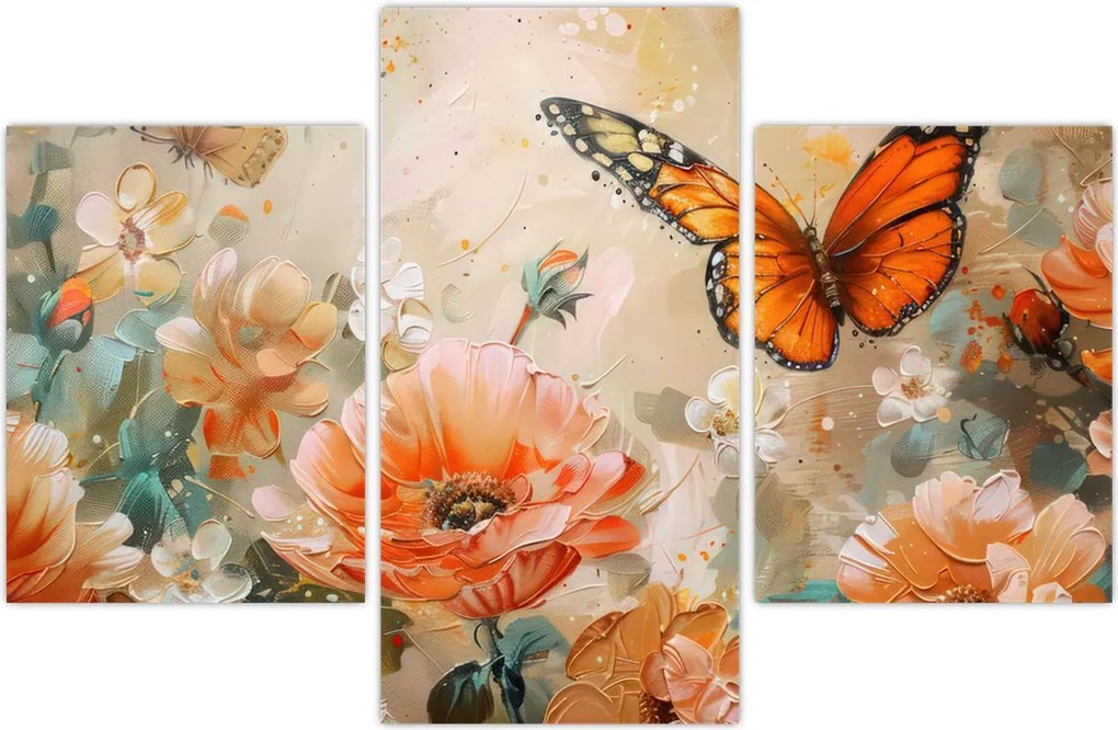Tablou - Fluture și flori, pictură în ulei (90x60 cm)