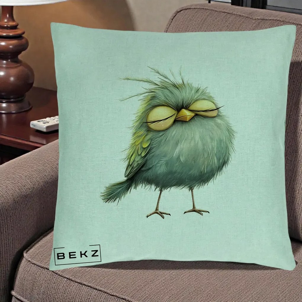 Perna Decorativa Pasare Teal Adormita cu Ochi Galbeni, 40x40 cm, Verde Menta, Husa Detasabila, Perna Inclusa, BEKZ®