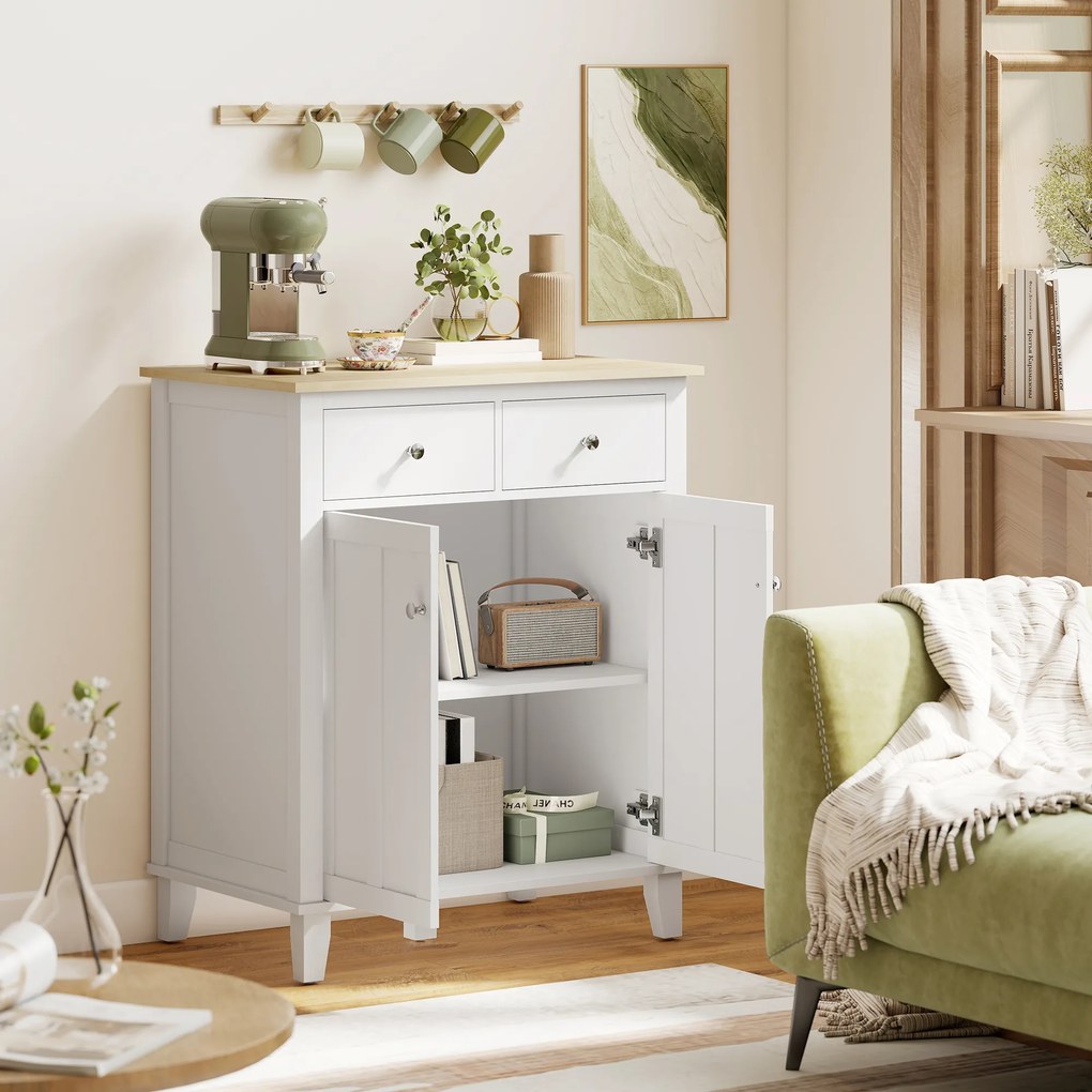 HOMCOM Bufet de bucătărie mobilier de depozitare pentru dormitor, salon birou cu 2 uși 2 sertare 76 x 48 x 91 cm alb | Aosom Romania