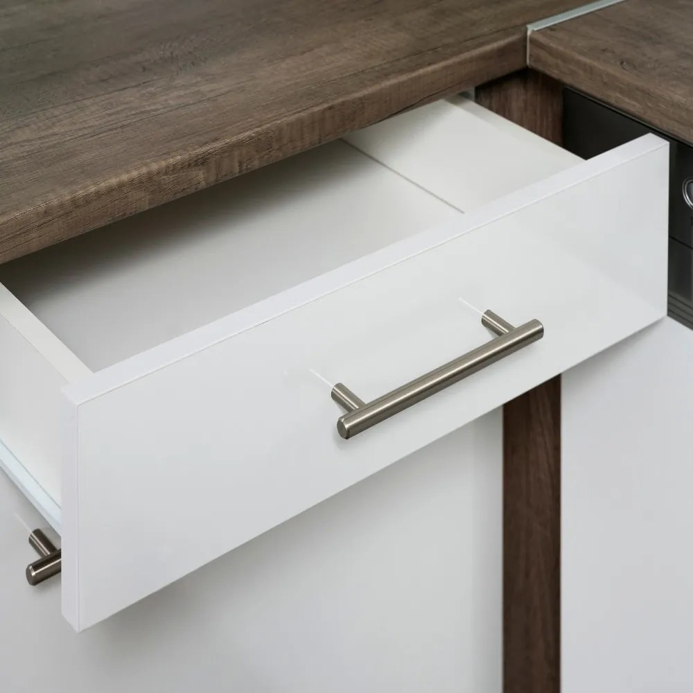 Mobilă de bucătărie de colț Yorki 220, corp din stejar Yorki, cu față alb satinat