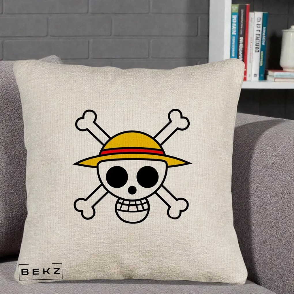 Perna Personalizata One Piece Jolly Roger Straw Hat Pirates, 40x40 cm, Bej Canapea, Husa Detasabila, Perna Inclusa, BEKZ®