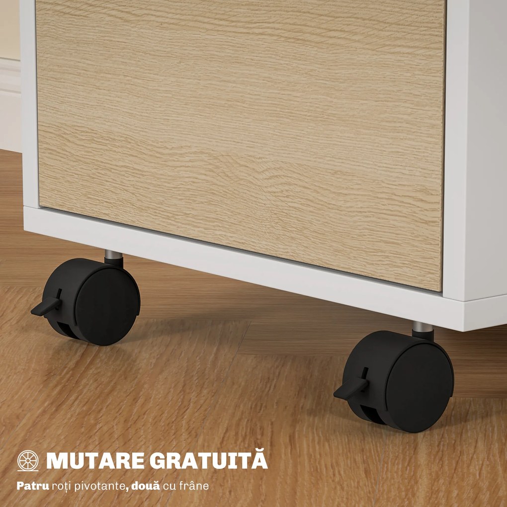 HOMCOM Dulap de Birou cu 3 Sertare, 4 Roți, Comodă de Birou cu Sistem de Blocare și 2 Chei pentru Documente Format A4, Dulap Vertical pentru Studiu, 40x40x63.5 cm, Alb și Stejar | Aosom Romania