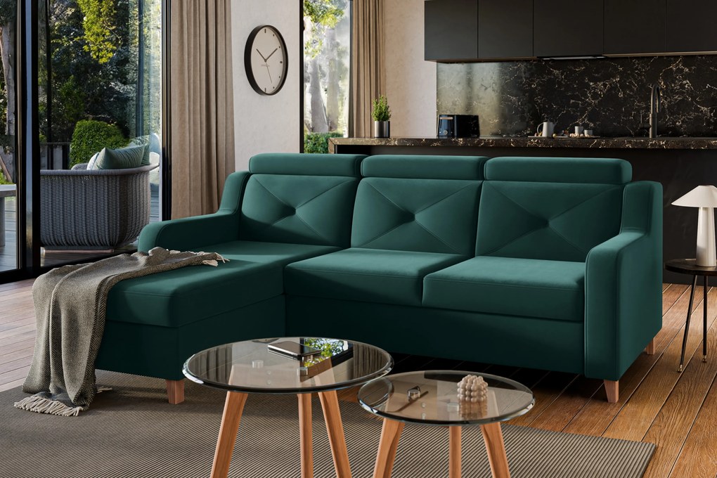 Colțar extensibil Laksaro pe stânga - catifea verde Trinity 28