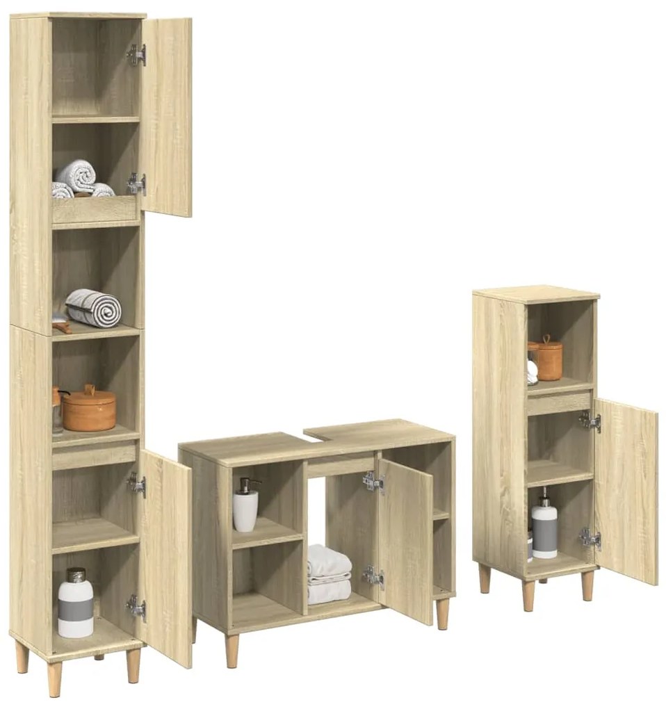 3325079 vidaXL Set mobilier de baie, 3 piese, stejar sonoma, lemn prelucrat