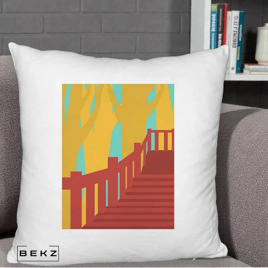 Perna Decorativa Scari Toamna Peisaj Grafic, 40x40 cm, Alb Pufos, Husa Detasabila, Perna Inclusa, BEKZ®