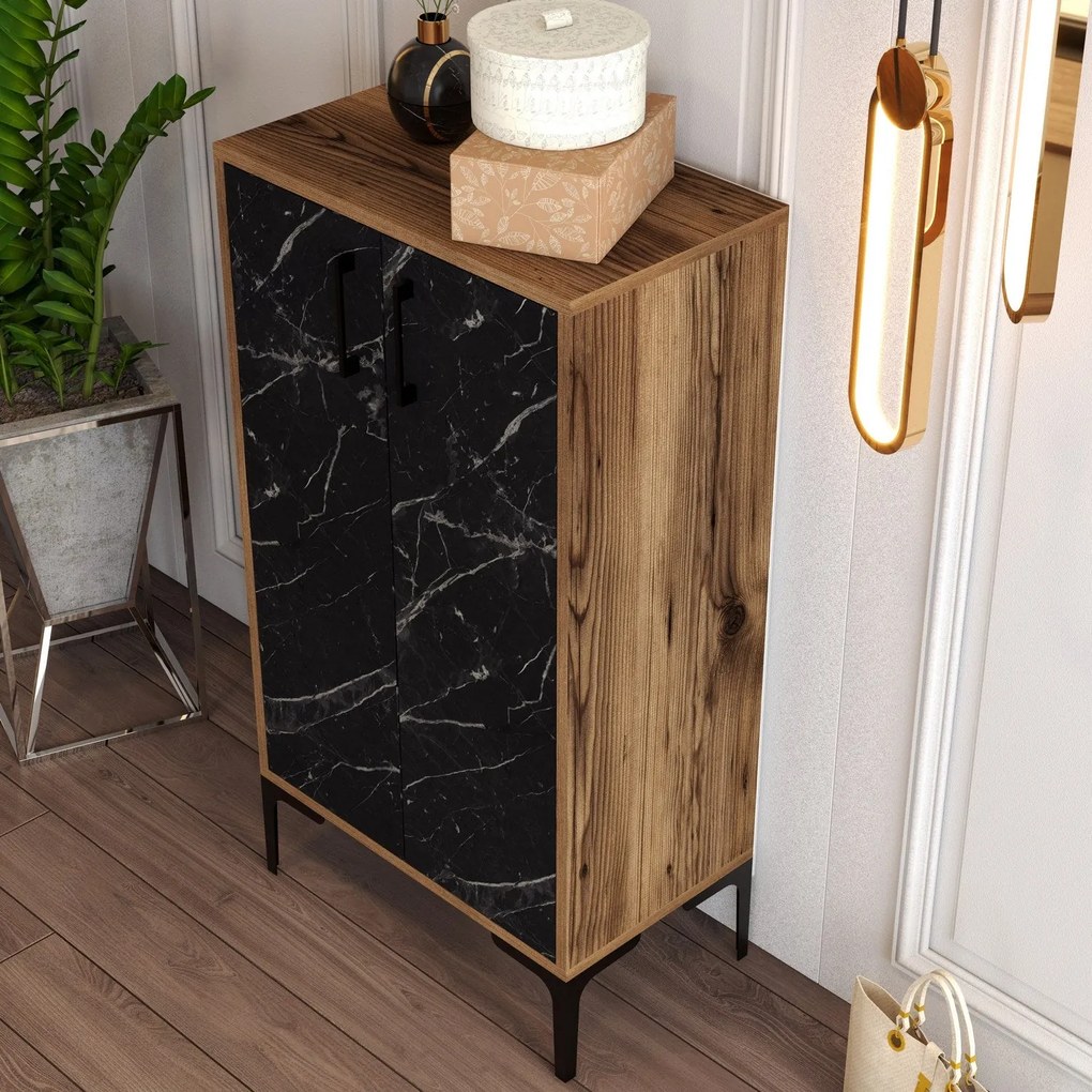 Comodă pentru pantofi Prag - Walnut, Black Marble