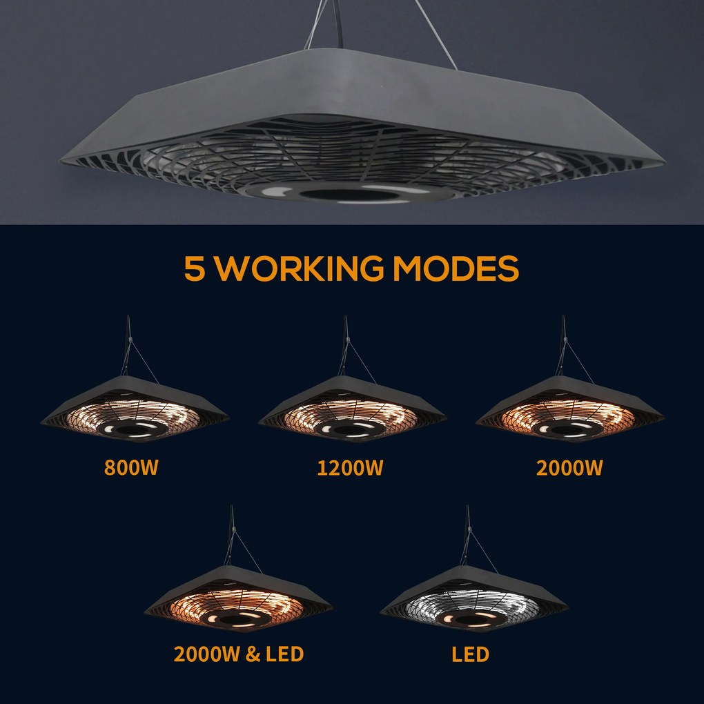 Outsunny Lampa pentru Incalzire in Aer Liber cu Lumina, 3 Niveluri de Putere 800W/1200W/2000W si Telecomanda, 45x45x10cm, Negru