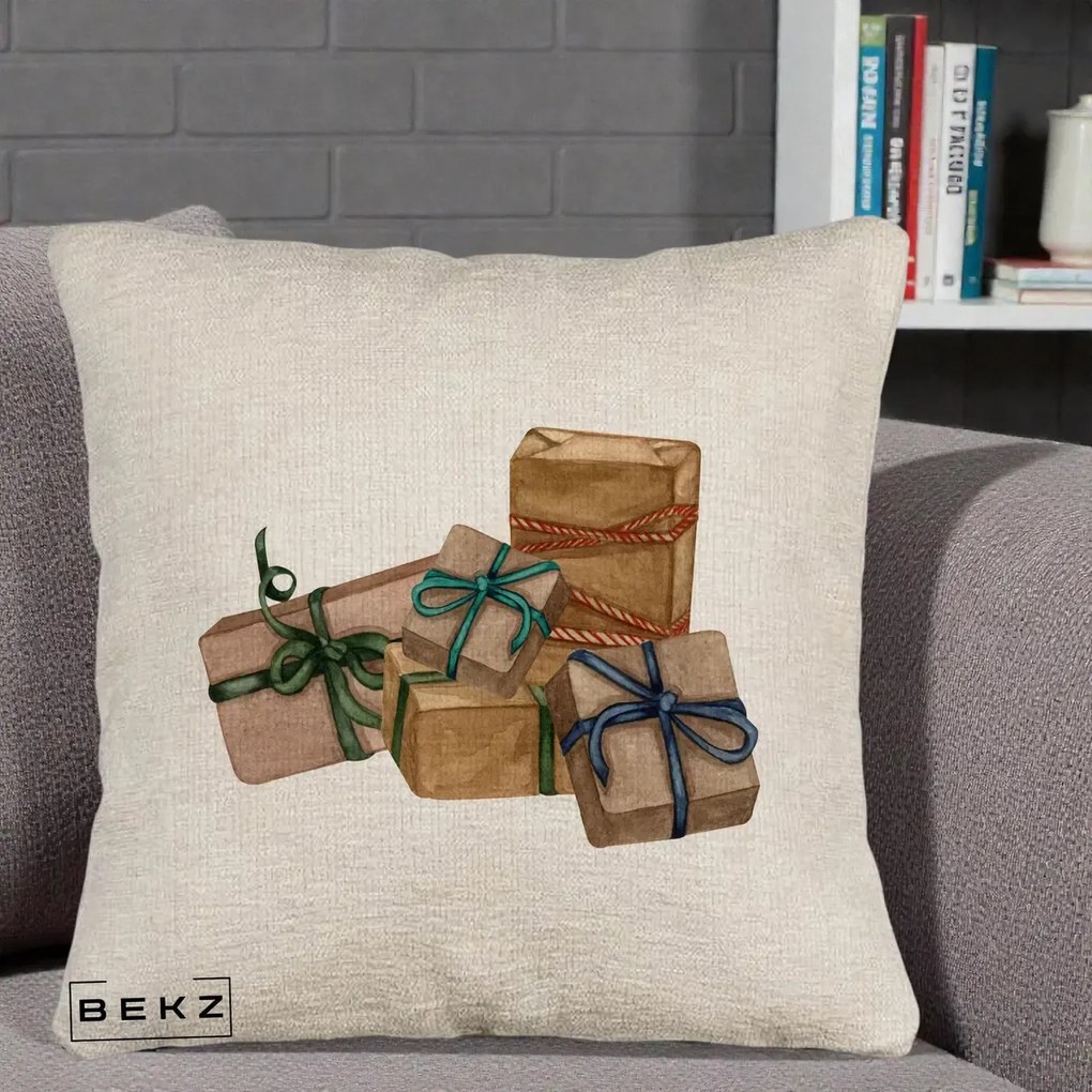 Perna Decorativa Cadouri de Craciun Kraft, 40x40 cm, Bej Canapea, Husa Detasabila, Perna Inclusa, BEKZ®