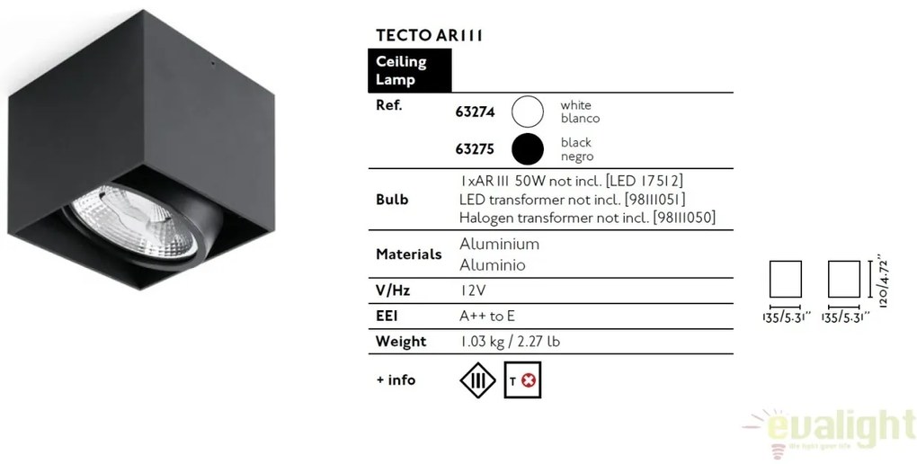 Plafoniera alba cu 1 spot directionabil cu design modern, TECTO-1 63274