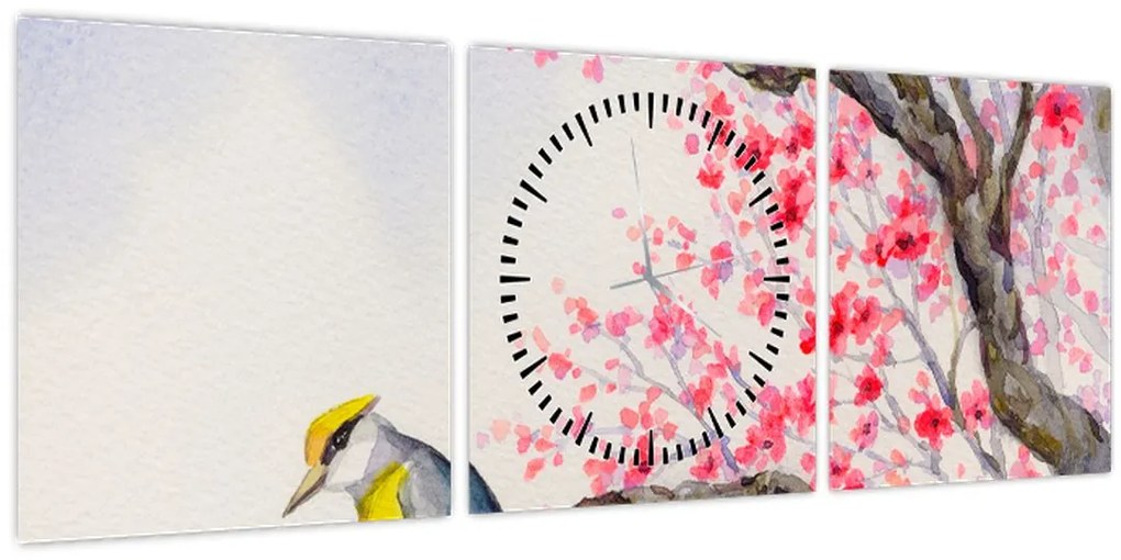 Tablou - Pasăre pe un copac cu flori roșii (cu ceas) (90x30 cm)