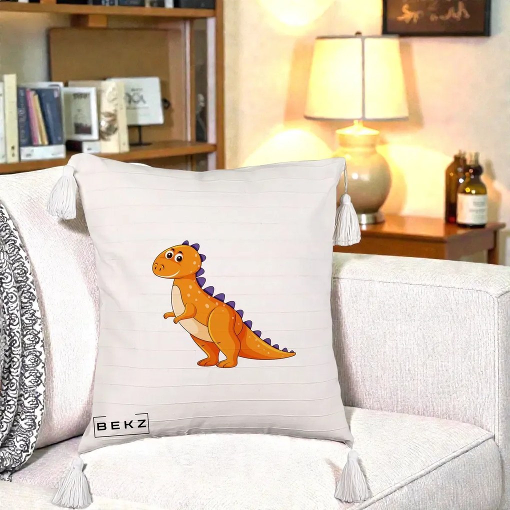 Perna Decorativa T-Rex Portocaliu, 40x40 cm, Bej cu Franjuri, Husa Detasabila, Perna Inclusa, BEKZ®
