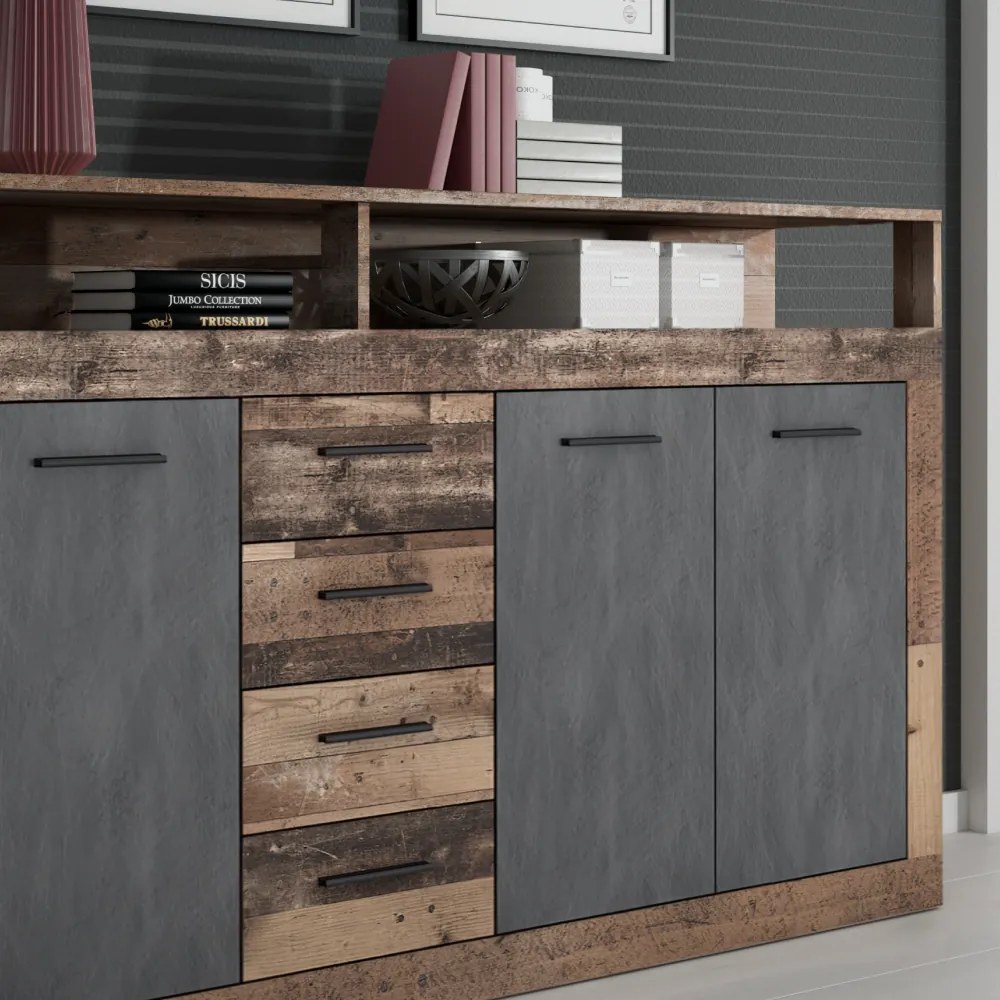 Comodă combinată, stejar de culoare închisă old star dark/grafit, LUNYSA