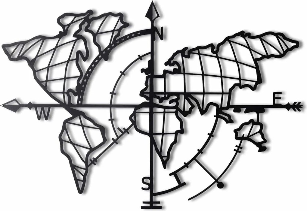 Decoratiune perete WORLD MAP, negru, metal, 95x65 cm