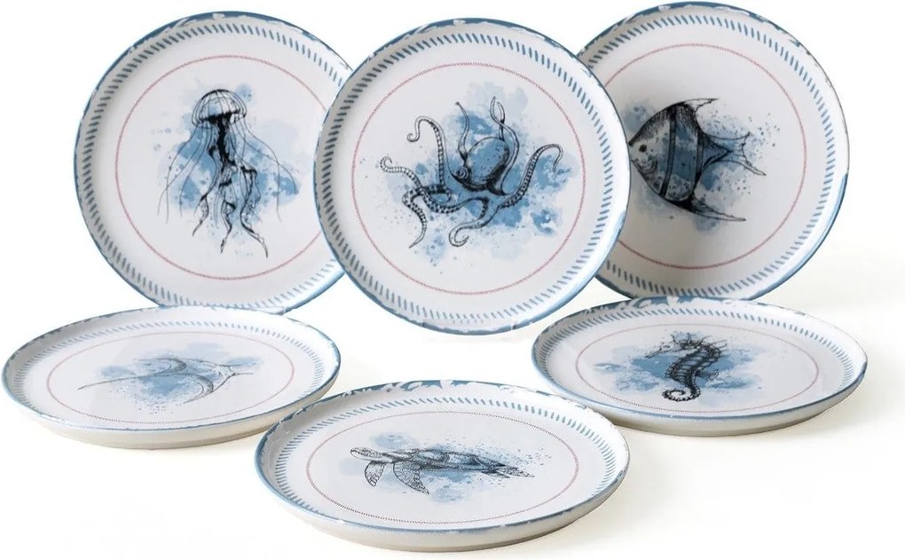 Set 6 farfurii 275KRM2321, alb/albastru, ceramica, 22 cm