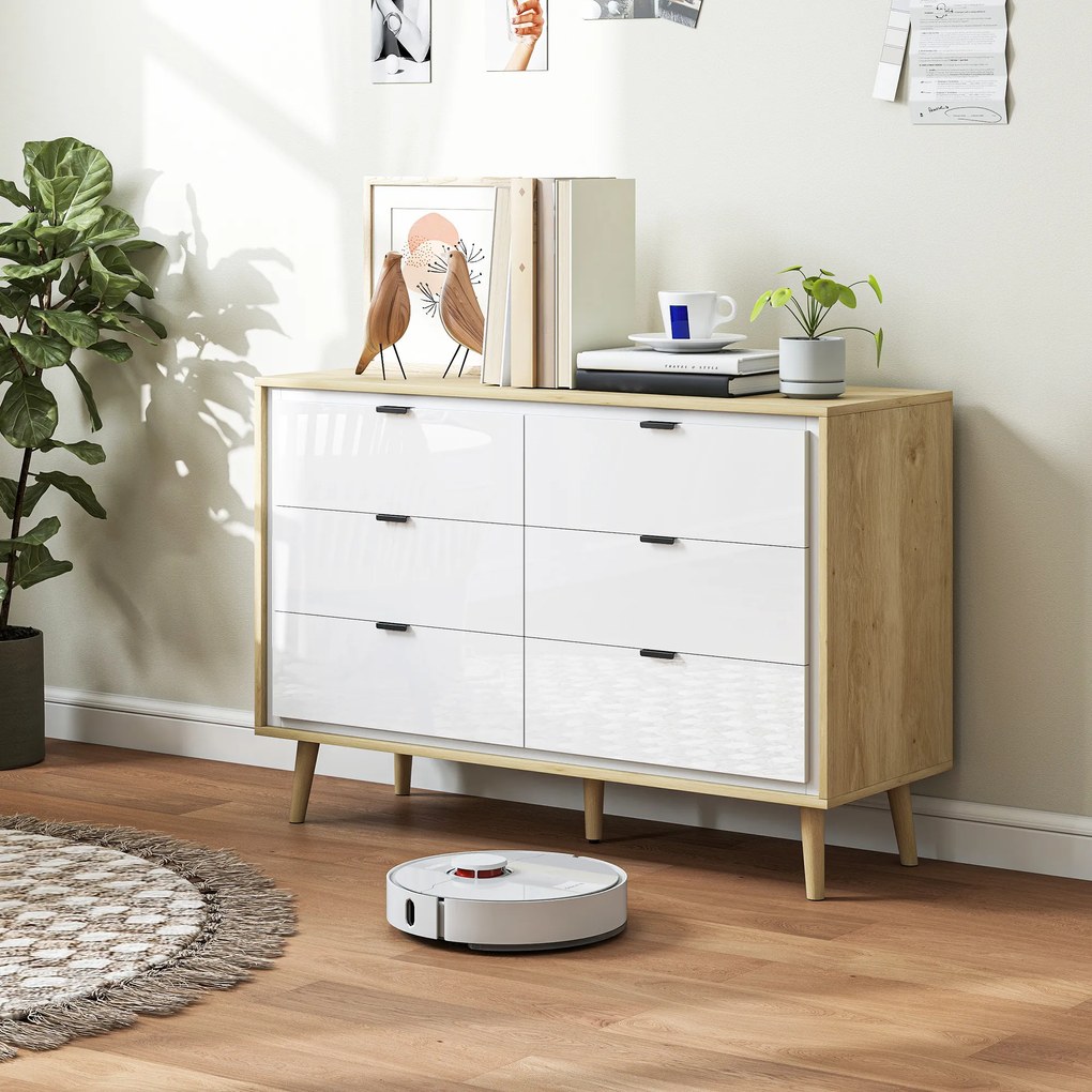 HOMCOM Comodă cu 6 Sertare din Lemn 110x40x75 cm Alb Lucios și Stejar | Aosom Romania