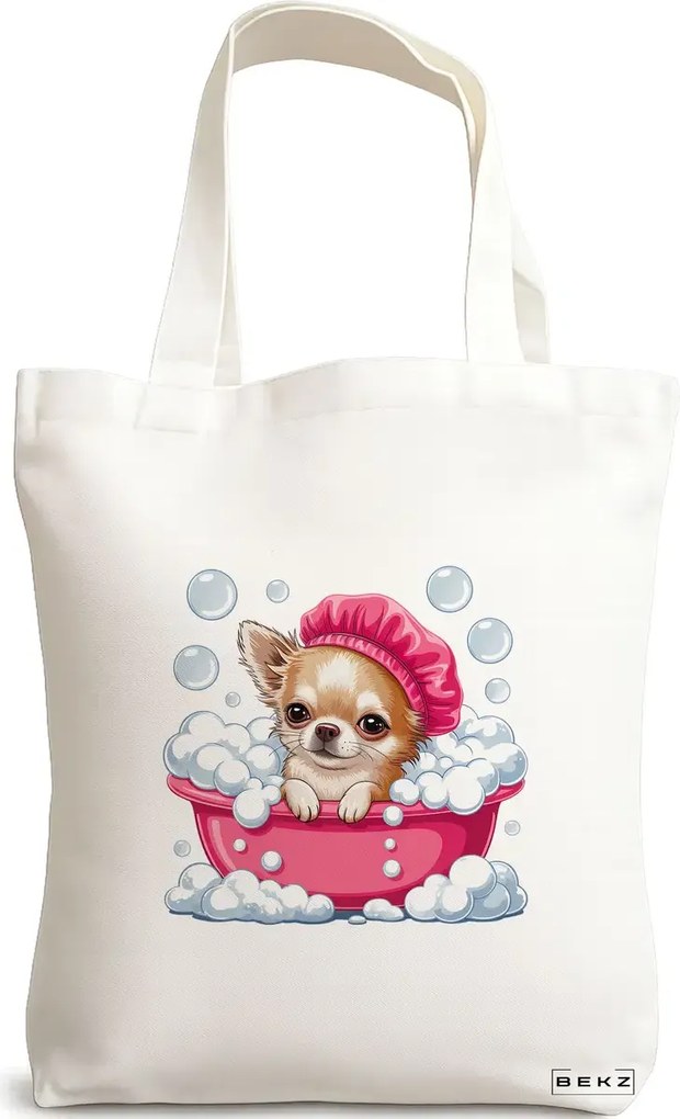 Sacosa de Panza pentru Cumparaturi, Geanta Tote, model Funny Puppy bathing 38 x 34.5 cm, Alba, BEKZ®