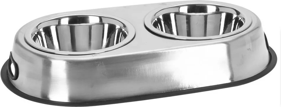 Castron dublu pentru animale, din oţel inoxidabil, argintiu