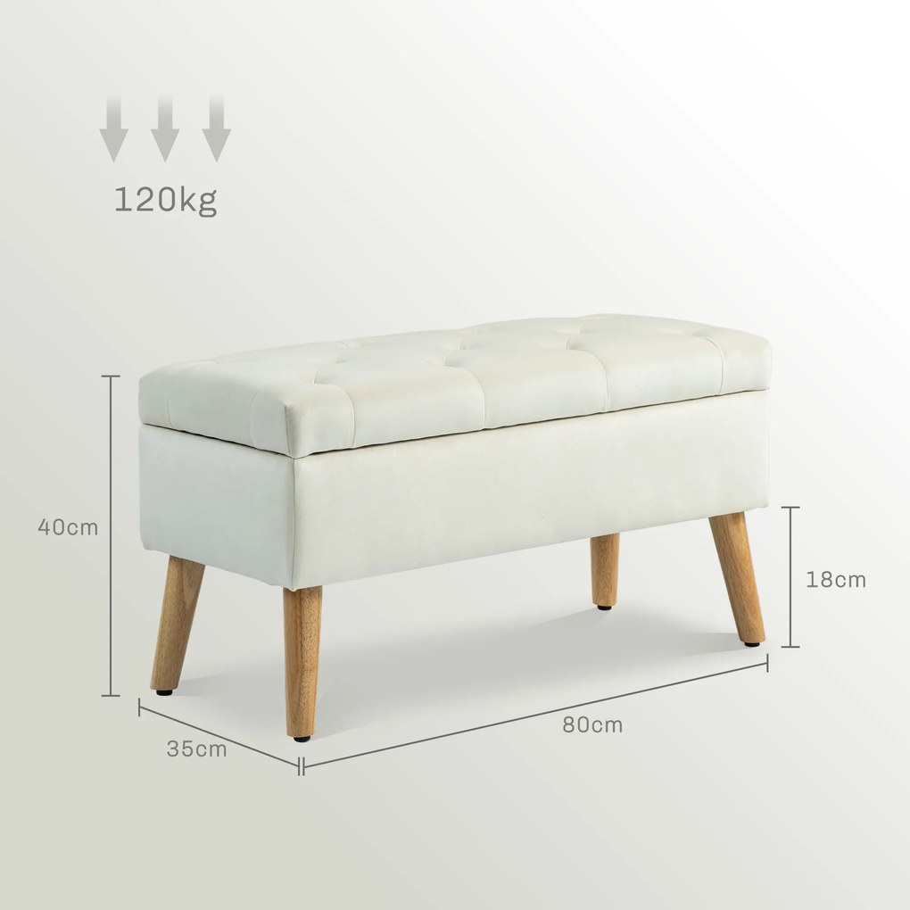 HOMCOM Banc de rangement coffre de rangement tissu effet velours pieds en bois charge max. 120 kg 80 x 35 x 40 cm, crem | Aosom Romania