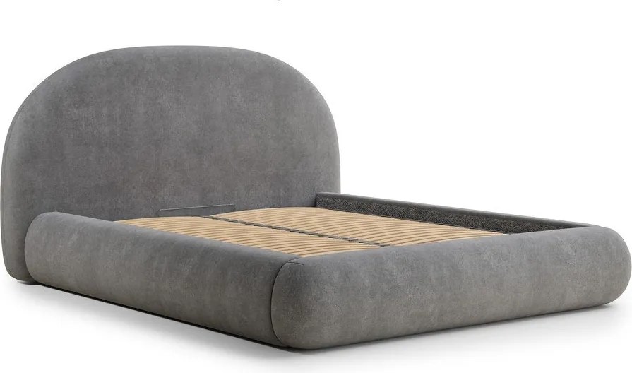 Pat matrimonial gri tapițat cu spațiu de depozitare cu somieră 160x200 cm Maumere – Maison de Rêve