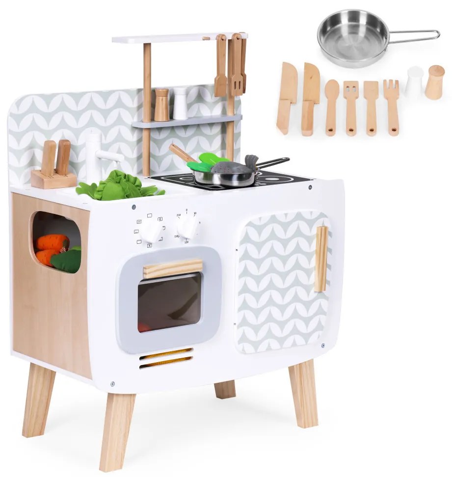 Bucătărie din lemn pentru joacă cu cuptor, chiuvetă și accesorii de bucătărie