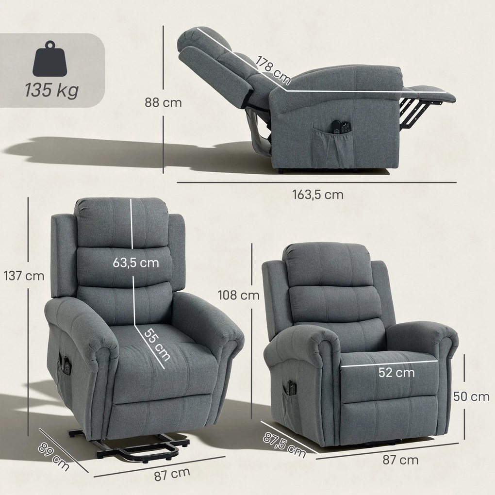 HOMCOM Fotoliu de masaj cu funcție de ridicare, fotoliu relax, cu vibrații, cu funcție de înclinare, aspect in, gri | Aosom Romania