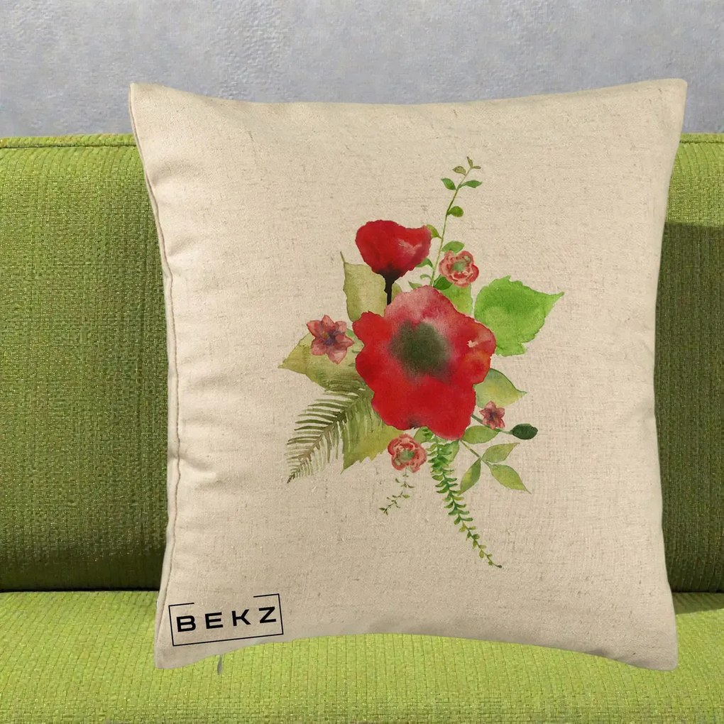 Perna Decorativa Buchet Rosu Acuarela, 40x40 cm, Bej, Husa Detasabila, Perna Inclusa, BEKZ®