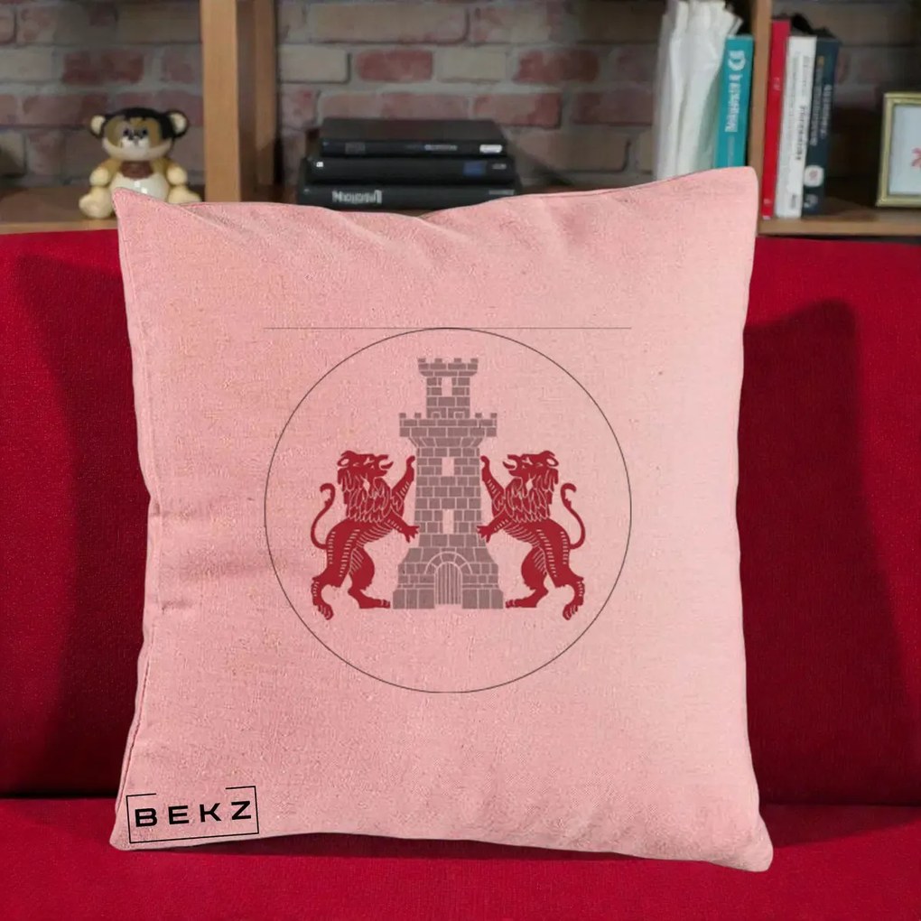 Perna Personalizata Cetatea Turnu Magurele Heraldic, 40x40 cm, Roz, Husa Detasabila, Perna Inclusa, BEKZ®