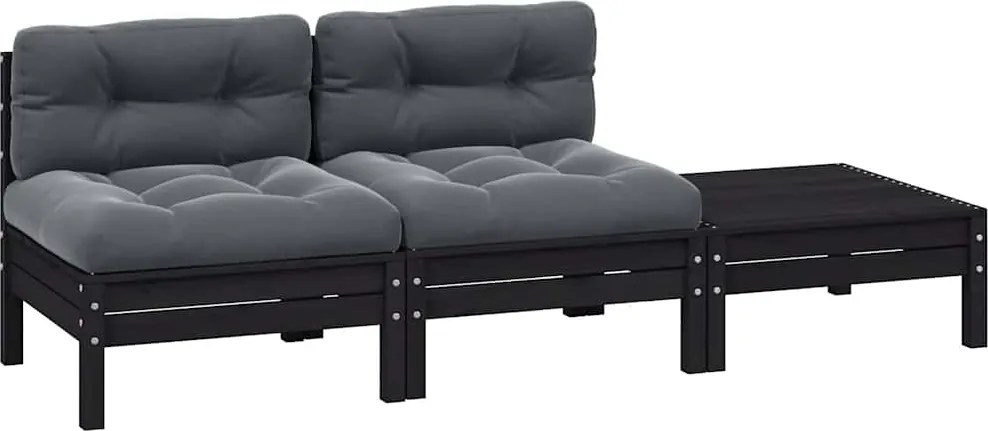 vidaXL Set mobilier grădină cu perne, 3 piese, negru, lemn masiv pin