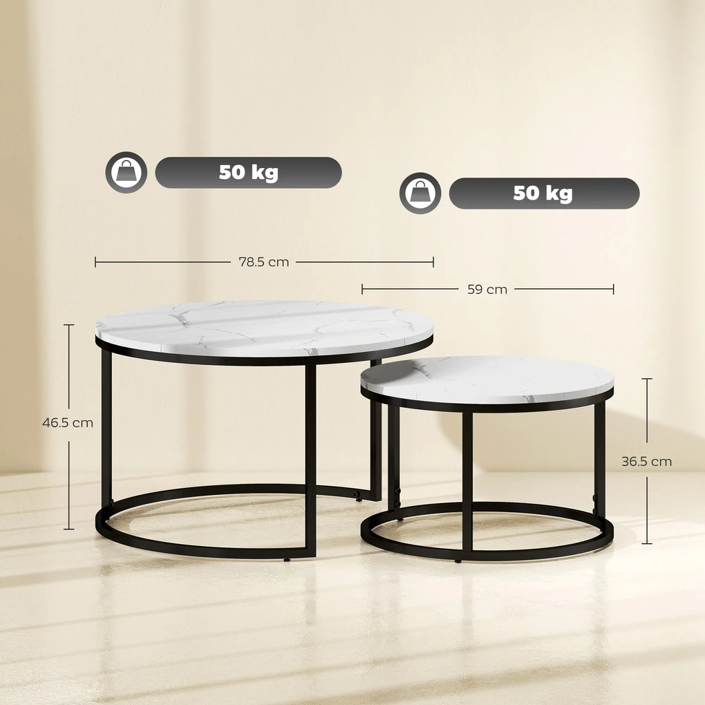 HOMCOM Set de 2 mese de cafea gigogne, stivuite, design industrial, picioare din metal, alb | Aosom Romania