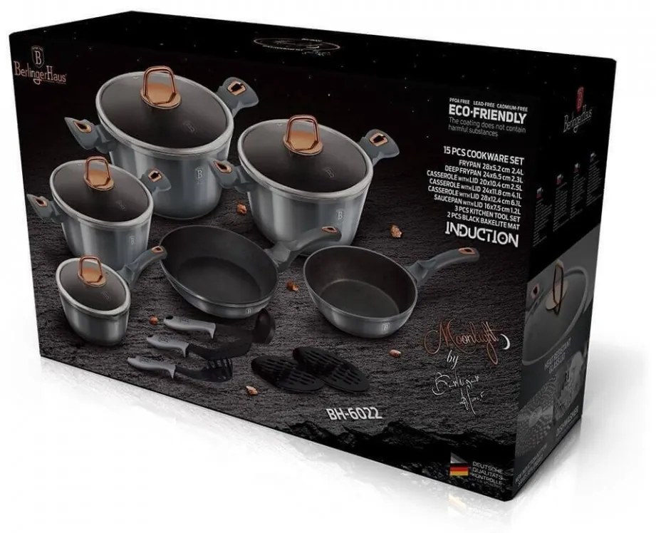 Set oale si tigai marmorate (15 piese) din aluminiu forjat Moonlight Collection Berlinger Haus BH 6022