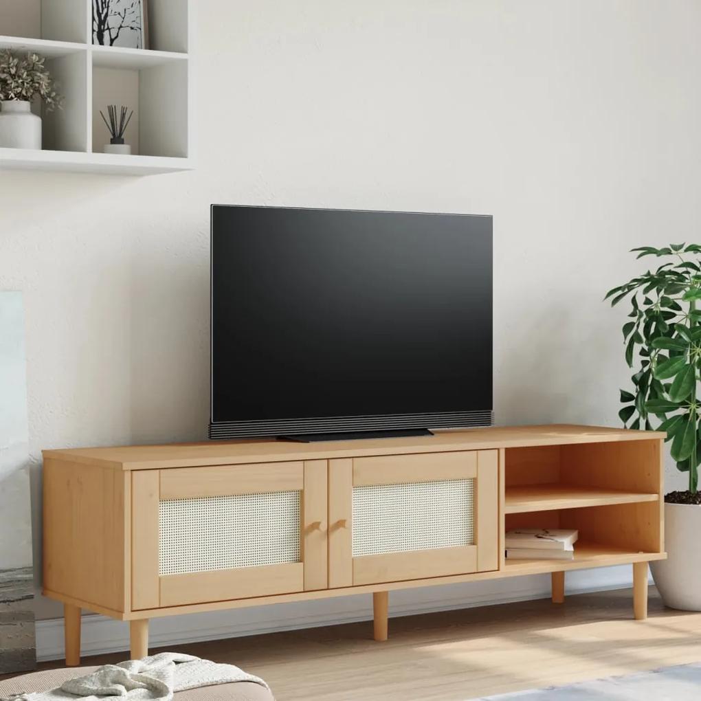 Comoda TV SENJA aspect ratan maro, 158x40x49 cm, lemn masiv pin