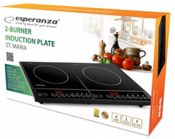 Plita cu inductie dubla Esperanza EKH008, 2x2000W, 270 ℃, 4 functii, Placa de cristal, Negru