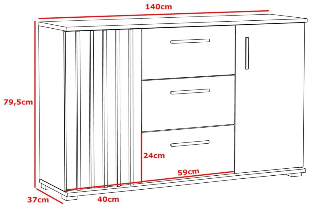 COM505 - Comoda 140 cm, cu 3 sertare si dulapuri pentru dormitor, living, dining: Maro